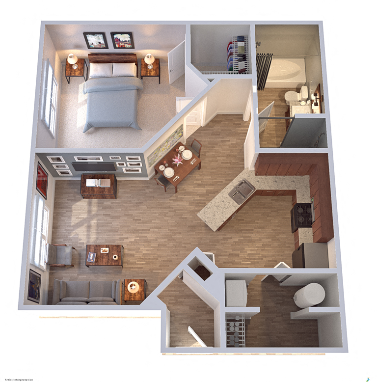 Floor plan for 1 bed, 1 bath, 713 sqft